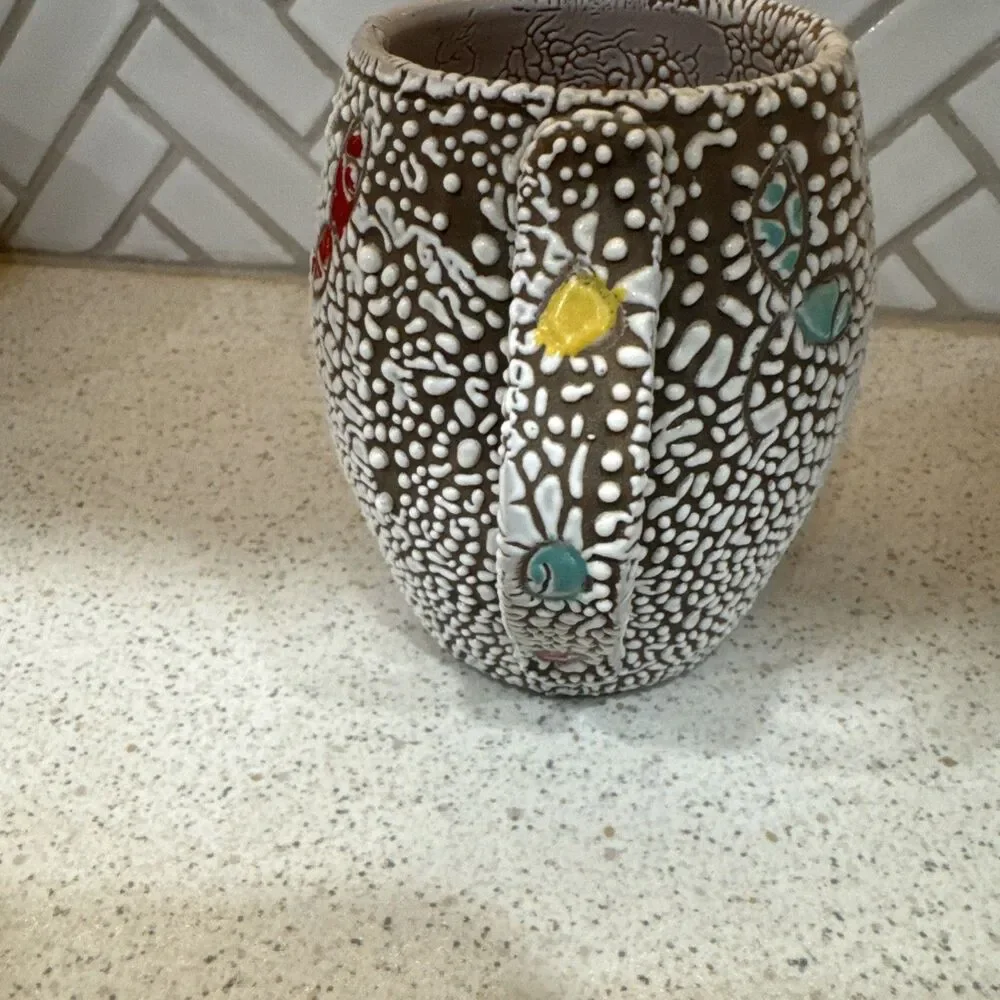 Vintage Italian Pottery  Small Pitcher Pebble Lava Glaze Hand Painted